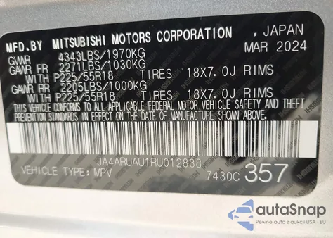 2024 Mitsubishi Outlander Sport S/Se/Es/Le/Ralliart/Trail Edition from USA, damaged, VIN JA4ARUAU1RU012838